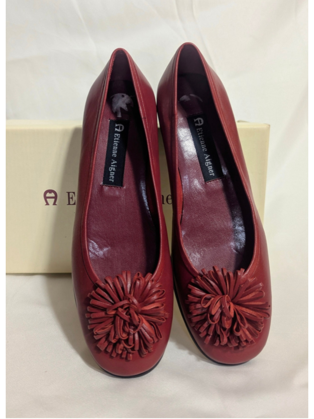 Etienne Aigner Vintage Pom Pom Dark Red Red Leather Flats Size 6.5 - Picture 9 of 12